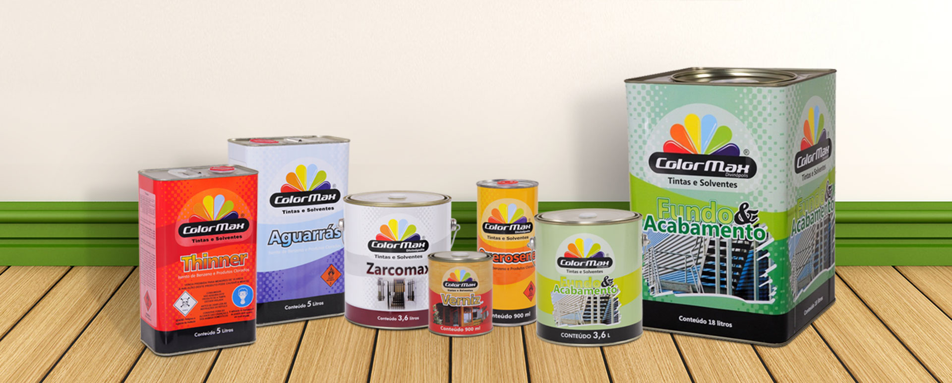 Linha completa de latas e galões de tintas e solventes ColorMax